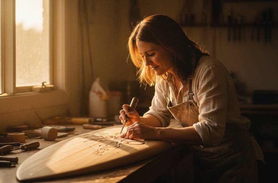 Dynamic scene of a local Beaumaris artisan passionately crafting pottery by a sun-drenched window, an epic moment in Beaumaris Editorial Photography Capturing Authentic Narratives, with dramatic natural light highlighting their focused work and studio details.