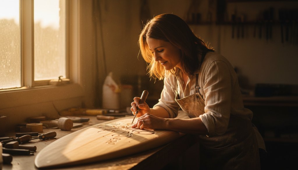 Dynamic scene of a local Beaumaris artisan passionately crafting pottery by a sun-drenched window, an epic moment in Beaumaris Editorial Photography Capturing Authentic Narratives, with dramatic natural light highlighting their focused work and studio details.
