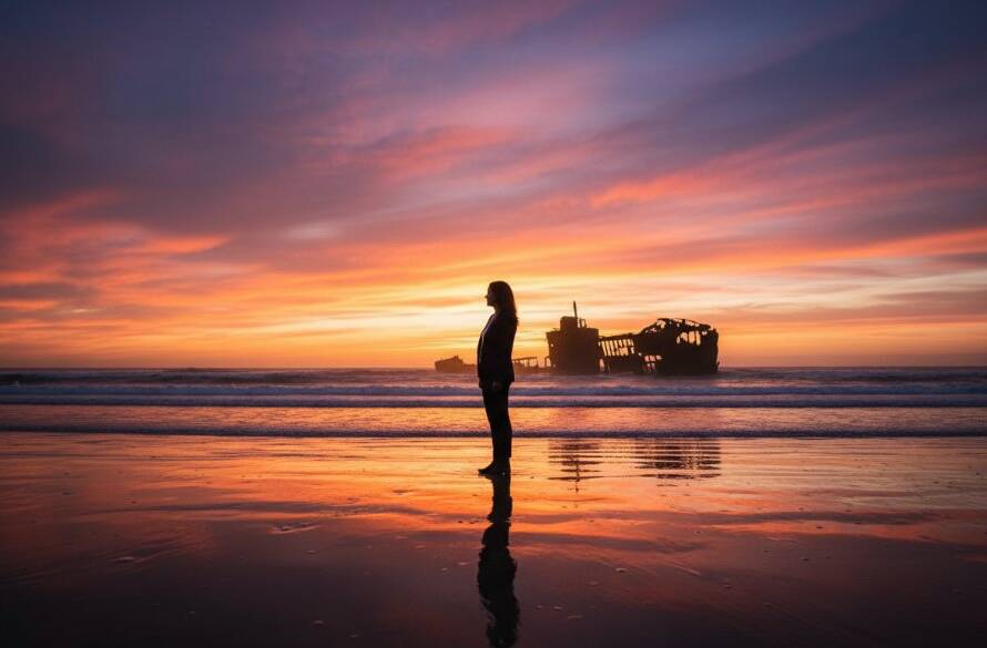 A breathtaking Beaumaris fine art photography capturing coastal serenity, featuring a lone figure silhouetted against a dramatic sunset over Half Moon Bay, waves softly crashing, evoking peace and grandeur.