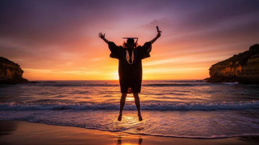 A joyful graduate in a cap and gown leaps triumphantly on Beaumaris beach at sunset, silhouetted against a vibrant orange sky, with 'Beaumaris graduation photography capturing success' highlighted by dramatic backlighting and lens flare.