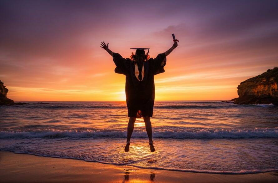 A joyful graduate in a cap and gown leaps triumphantly on Beaumaris beach at sunset, silhouetted against a vibrant orange sky, with 'Beaumaris graduation photography capturing success' highlighted by dramatic backlighting and lens flare.