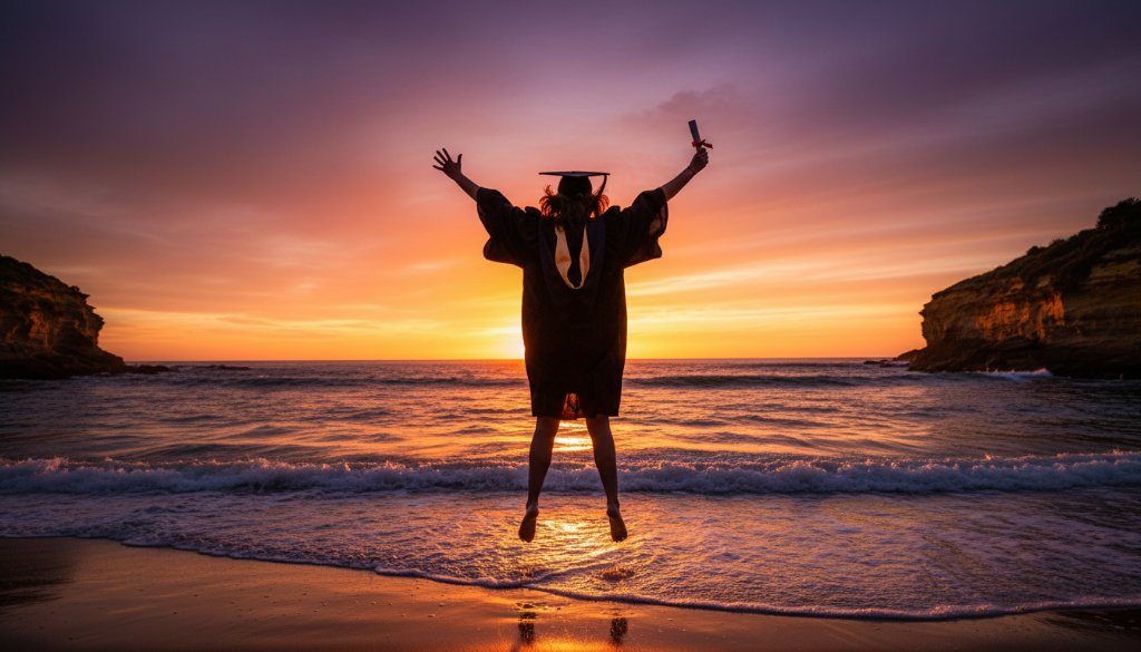 A joyful graduate in a cap and gown leaps triumphantly on Beaumaris beach at sunset, silhouetted against a vibrant orange sky, with 'Beaumaris graduation photography capturing success' highlighted by dramatic backlighting and lens flare.