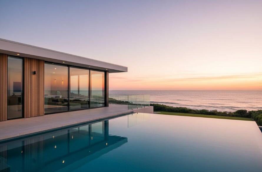 Dramatic wide-angle shot of a luxurious beachfront property in Beaumaris at sunset, showcasing elegant architecture and a stunning ocean view, enhanced by Beaumaris high-end property photography for rapid sales.