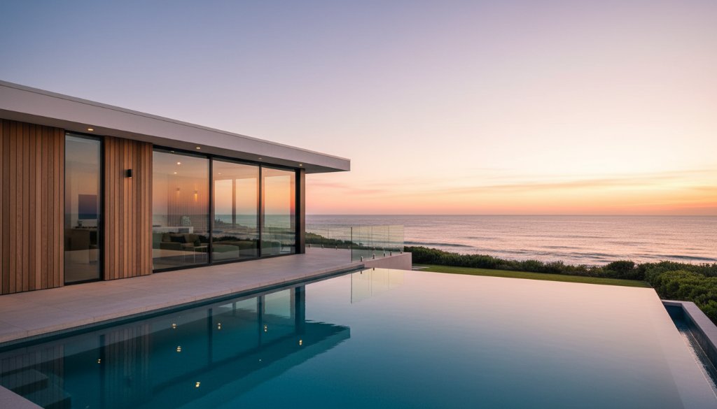 Dramatic wide-angle shot of a luxurious beachfront property in Beaumaris at sunset, showcasing elegant architecture and a stunning ocean view, enhanced by Beaumaris high-end property photography for rapid sales.
