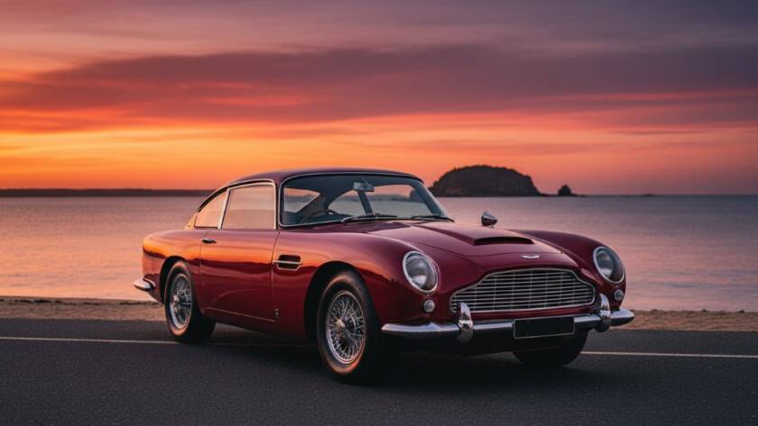 A stunning wide-angle shot from a Beaumaris luxury car photoshoot professional, featuring a gleaming vintage sports car parked dramatically on Beach Road at sunset, ocean waves crashing gently in the background, exuding elegance and power.