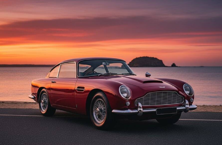 A stunning wide-angle shot from a Beaumaris luxury car photoshoot professional, featuring a gleaming vintage sports car parked dramatically on Beach Road at sunset, ocean waves crashing gently in the background, exuding elegance and power.