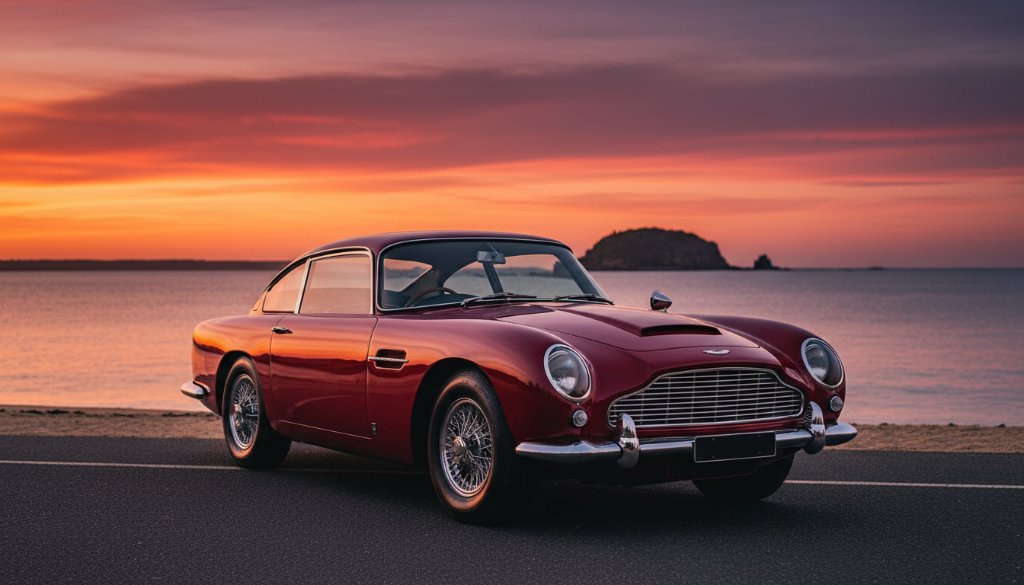 A stunning wide-angle shot from a Beaumaris luxury car photoshoot professional, featuring a gleaming vintage sports car parked dramatically on Beach Road at sunset, ocean waves crashing gently in the background, exuding elegance and power.