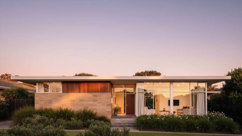 An epic wide-angle shot showcasing the iconic geometric facade of a beautifully restored Beaumaris Mid-Century Modern Architecture Photography home at sunset, with warm golden light illuminating its clean lines and a lush, manicured garden.