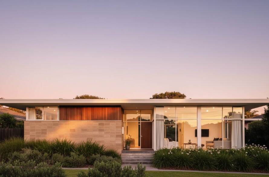 An epic wide-angle shot showcasing the iconic geometric facade of a beautifully restored Beaumaris Mid-Century Modern Architecture Photography home at sunset, with warm golden light illuminating its clean lines and a lush, manicured garden.