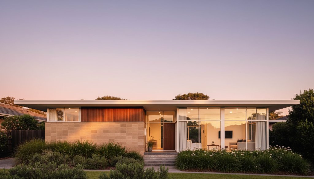 An epic wide-angle shot showcasing the iconic geometric facade of a beautifully restored Beaumaris Mid-Century Modern Architecture Photography home at sunset, with warm golden light illuminating its clean lines and a lush, manicured garden.