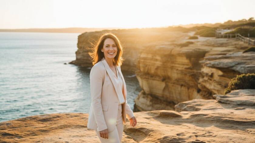 A Beaumaris personal branding photography for local entrepreneurs shot featuring a confident female entrepreneur in a stylish blazer, laughing genuinely while walking along the Beaumaris coastline at sunset, the golden hour light dramatically backlighting her and the serene bay. The composition is wide, capturing her dynamic movement and the beautiful natural environment, showcasing her authentic personality and brand essence in an epic, cinematic style.