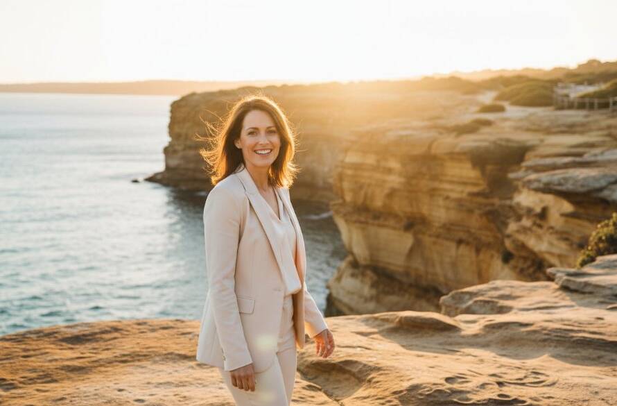 A Beaumaris personal branding photography for local entrepreneurs shot featuring a confident female entrepreneur in a stylish blazer, laughing genuinely while walking along the Beaumaris coastline at sunset, the golden hour light dramatically backlighting her and the serene bay. The composition is wide, capturing her dynamic movement and the beautiful natural environment, showcasing her authentic personality and brand essence in an epic, cinematic style.
