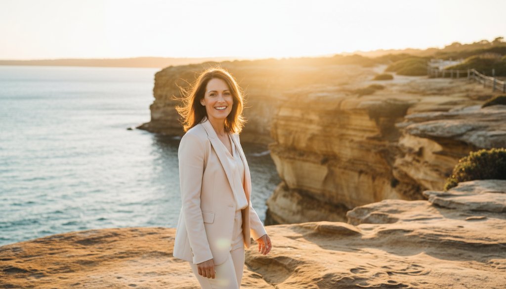 A Beaumaris personal branding photography for local entrepreneurs shot featuring a confident female entrepreneur in a stylish blazer, laughing genuinely while walking along the Beaumaris coastline at sunset, the golden hour light dramatically backlighting her and the serene bay. The composition is wide, capturing her dynamic movement and the beautiful natural environment, showcasing her authentic personality and brand essence in an epic, cinematic style.