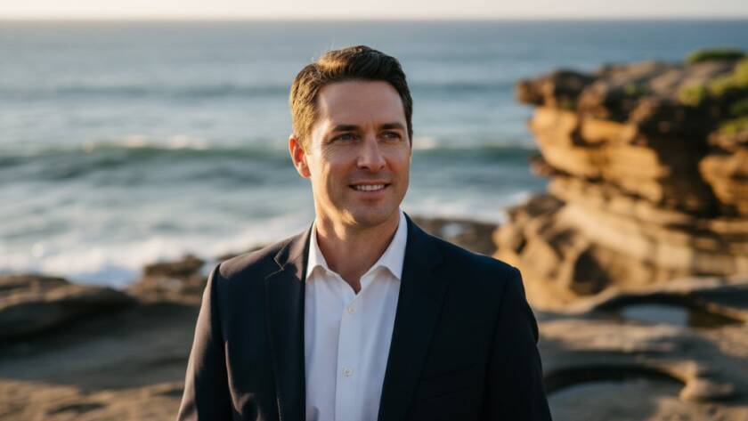 A striking candid outdoor portrait of a male executive smiling confidently by the Beaumaris coastline at golden hour, showcasing professional authenticity for Beaumaris Professional Headshots for Executive Branding.