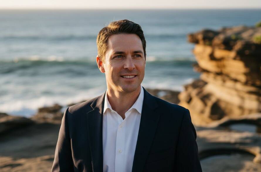 A striking candid outdoor portrait of a male executive smiling confidently by the Beaumaris coastline at golden hour, showcasing professional authenticity for Beaumaris Professional Headshots for Executive Branding.
