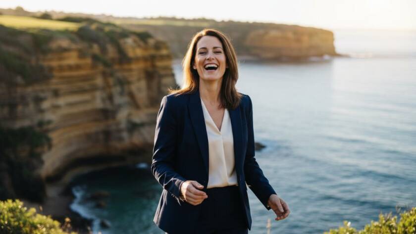 A dynamic and impactful Beaumaris professional headshots for local businesses session, capturing a smiling executive against a blurred modern office backdrop with dramatic, professional lighting, conveying confidence and approachability.