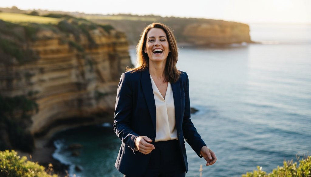 A dynamic and impactful Beaumaris professional headshots for local businesses session, capturing a smiling executive against a blurred modern office backdrop with dramatic, professional lighting, conveying confidence and approachability.