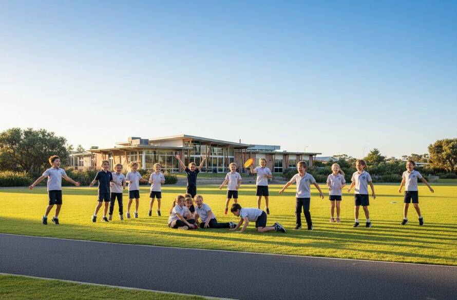 A wide-angle, sun-drenched photograph showing students laughing and playing joyfully on the oval of a modern school in Beaumaris, capturing Beaumaris school photos authentic joy with dynamic energy and natural light.