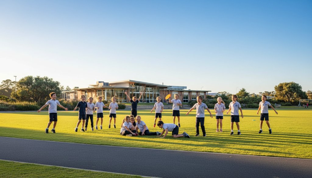A wide-angle, sun-drenched photograph showing students laughing and playing joyfully on the oval of a modern school in Beaumaris, capturing Beaumaris school photos authentic joy with dynamic energy and natural light.