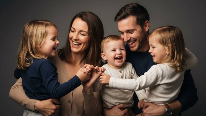 An emotionally resonant, professionally lit studio photograph of a Beaumaris family, capturing an 'epic moment' of genuine laughter and connection, representing Beaumaris studio photography for timeless family portraits.