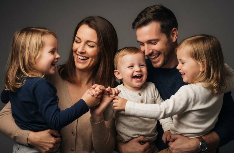 An emotionally resonant, professionally lit studio photograph of a Beaumaris family, capturing an 'epic moment' of genuine laughter and connection, representing Beaumaris studio photography for timeless family portraits.