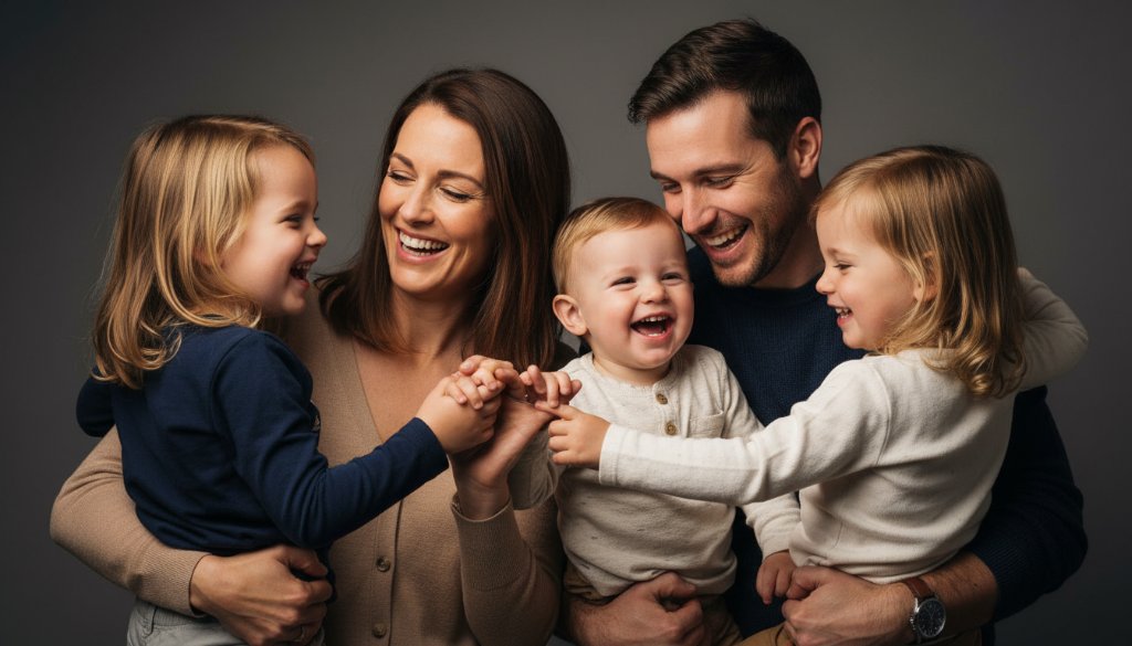 An emotionally resonant, professionally lit studio photograph of a Beaumaris family, capturing an 'epic moment' of genuine laughter and connection, representing Beaumaris studio photography for timeless family portraits.