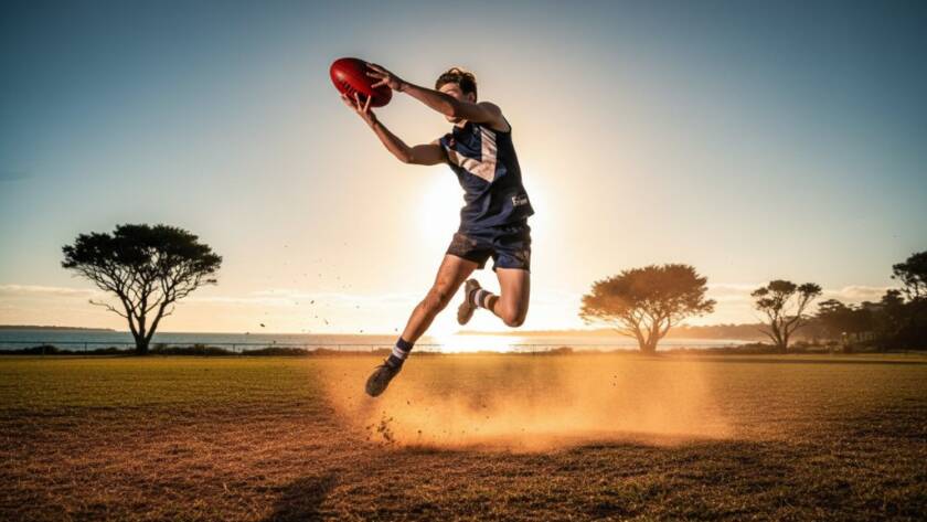 A professional photograph capturing the incredible focus and dynamic action of a young athlete mid-jump during a pivotal game, embodying Beaumaris Youth Sports Photography Thrills, with the vibrant Beaumaris coastline subtly in the background, dramatic lighting highlighting the intensity.