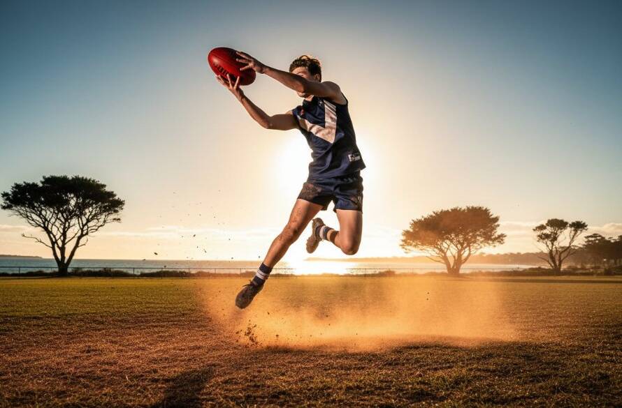 A professional photograph capturing the incredible focus and dynamic action of a young athlete mid-jump during a pivotal game, embodying Beaumaris Youth Sports Photography Thrills, with the vibrant Beaumaris coastline subtly in the background, dramatic lighting highlighting the intensity.