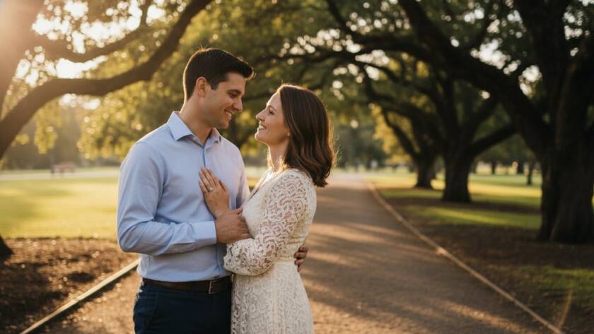 A couple shares a beautiful, intimate moment bathed in golden hour light at one of the beautiful Box Hill North engagement photo locations, captured with stunning clarity and emotional depth, reflecting their love story.