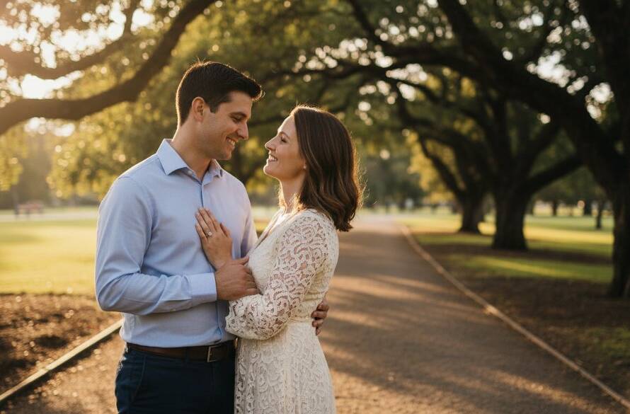A couple shares a beautiful, intimate moment bathed in golden hour light at one of the beautiful Box Hill North engagement photo locations, captured with stunning clarity and emotional depth, reflecting their love story.