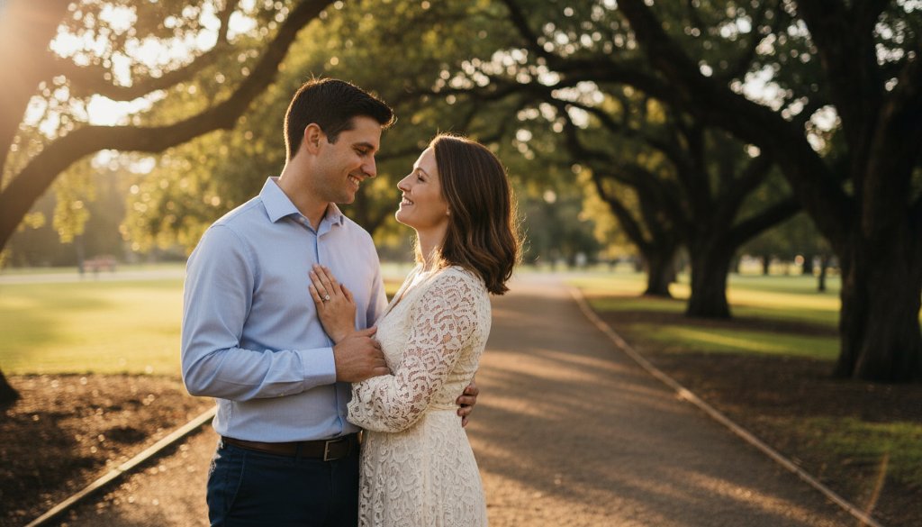 A couple shares a beautiful, intimate moment bathed in golden hour light at one of the beautiful Box Hill North engagement photo locations, captured with stunning clarity and emotional depth, reflecting their love story.