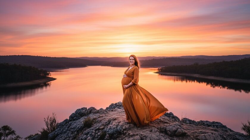 A glowing pregnant woman, in a flowing elegant dress, stands silhouetted against a dramatic sunset over a tranquil lake in Creswick, Victoria, embodying the essence of beautiful Creswick maternity photography Victoria. The scene is professionally colour-graded with a cinematic feel, capturing an unforgettable, epic moment.