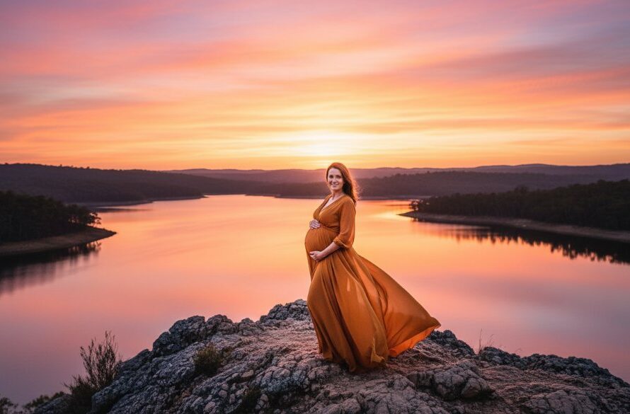 A glowing pregnant woman, in a flowing elegant dress, stands silhouetted against a dramatic sunset over a tranquil lake in Creswick, Victoria, embodying the essence of beautiful Creswick maternity photography Victoria. The scene is professionally colour-graded with a cinematic feel, capturing an unforgettable, epic moment.