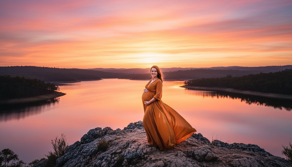 A glowing pregnant woman, in a flowing elegant dress, stands silhouetted against a dramatic sunset over a tranquil lake in Creswick, Victoria, embodying the essence of beautiful Creswick maternity photography Victoria. The scene is professionally colour-graded with a cinematic feel, capturing an unforgettable, epic moment.