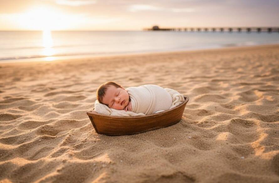 An ethereal, wide-angle shot of a sleeping newborn wrapped in soft linen, cradled gently by parents on the golden sands of Edithvale beach at sunrise, bathed in warm, golden light. This beautiful newborn photography Edithvale beach Victoria moment captures pure, serene love.