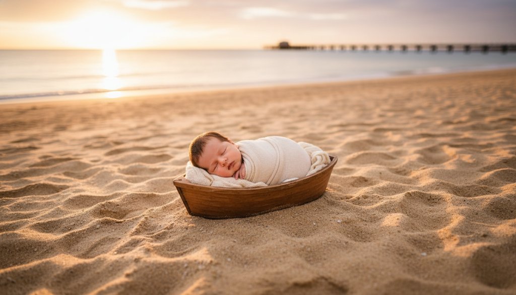 An ethereal, wide-angle shot of a sleeping newborn wrapped in soft linen, cradled gently by parents on the golden sands of Edithvale beach at sunrise, bathed in warm, golden light. This beautiful newborn photography Edithvale beach Victoria moment captures pure, serene love.