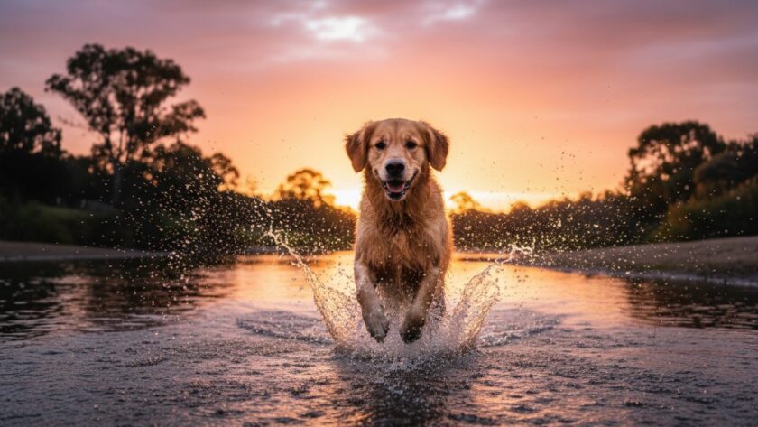 An energetic Golden Retriever mid-leap, silhouetted against a golden sunset over the Barwon River in Belmont, Victoria, capturing the essence of Belmont Victoria authentic pet photography experiences, with water splashing and dramatic rim lighting.