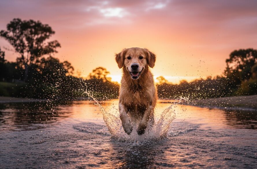 An energetic Golden Retriever mid-leap, silhouetted against a golden sunset over the Barwon River in Belmont, Victoria, capturing the essence of Belmont Victoria authentic pet photography experiences, with water splashing and dramatic rim lighting.