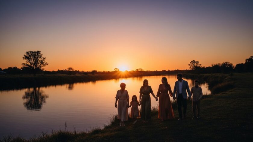 A sweeping, dramatic fine art photograph showcasing Belmont Victoria bespoke fine art photography heirlooms, featuring a family silhouetted against a golden sunset over the Barwon River, evoking a timeless, cherished memory.