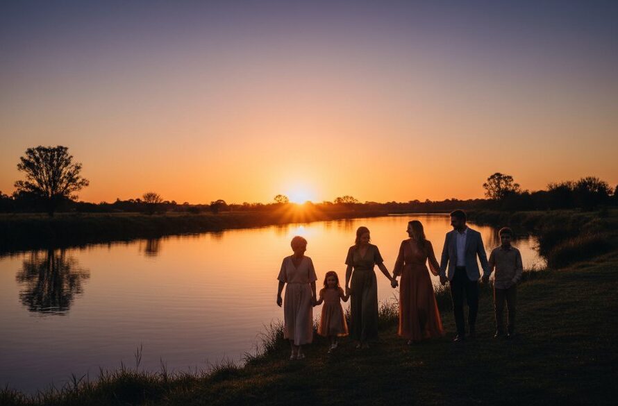A sweeping, dramatic fine art photograph showcasing Belmont Victoria bespoke fine art photography heirlooms, featuring a family silhouetted against a golden sunset over the Barwon River, evoking a timeless, cherished memory.