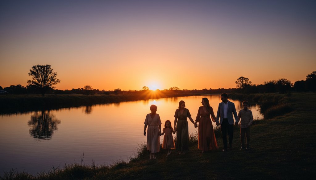 A sweeping, dramatic fine art photograph showcasing Belmont Victoria bespoke fine art photography heirlooms, featuring a family silhouetted against a golden sunset over the Barwon River, evoking a timeless, cherished memory.