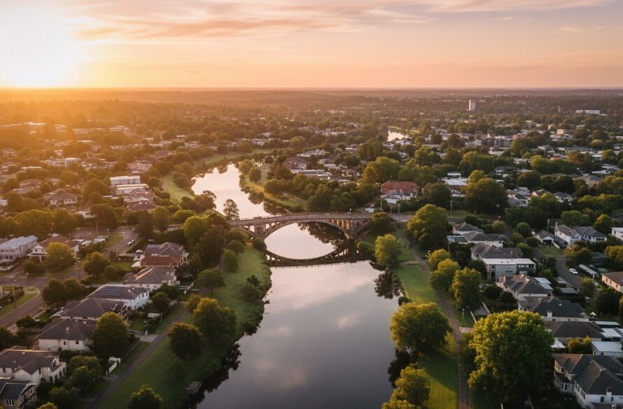 A spectacular drone photograph showcasing the Barwon River snaking through Belmont, Victoria, at sunrise, captured using professional Belmont Victoria drone photography for epic landscape visuals, with golden light illuminating the riverbend and distant architecture.