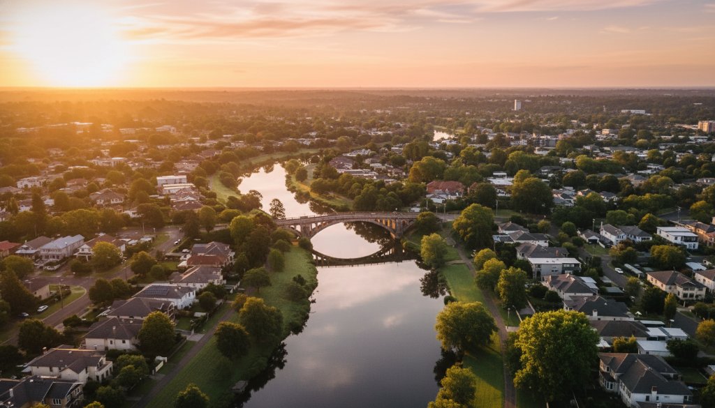 A spectacular drone photograph showcasing the Barwon River snaking through Belmont, Victoria, at sunrise, captured using professional Belmont Victoria drone photography for epic landscape visuals, with golden light illuminating the riverbend and distant architecture.