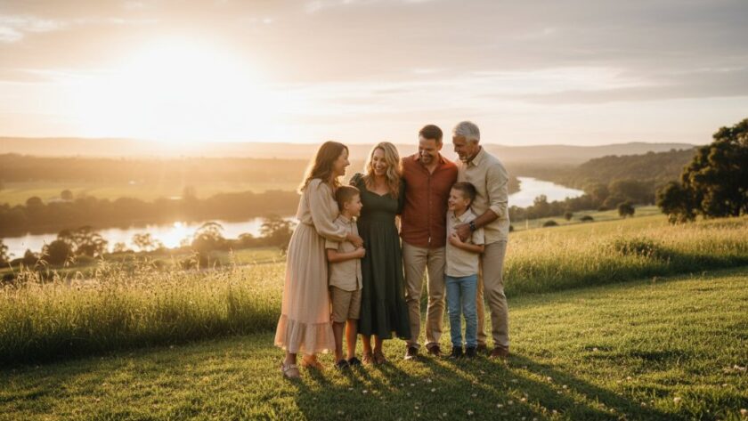 A family joyfully embracing on a sun-drenched hill overlooking the Barwon River in Belmont, Victoria, capturing authentic moments during a professional Belmont Victoria family photography session, with dramatic golden hour light and lush greenery.