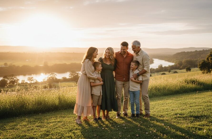 A family joyfully embracing on a sun-drenched hill overlooking the Barwon River in Belmont, Victoria, capturing authentic moments during a professional Belmont Victoria family photography session, with dramatic golden hour light and lush greenery.