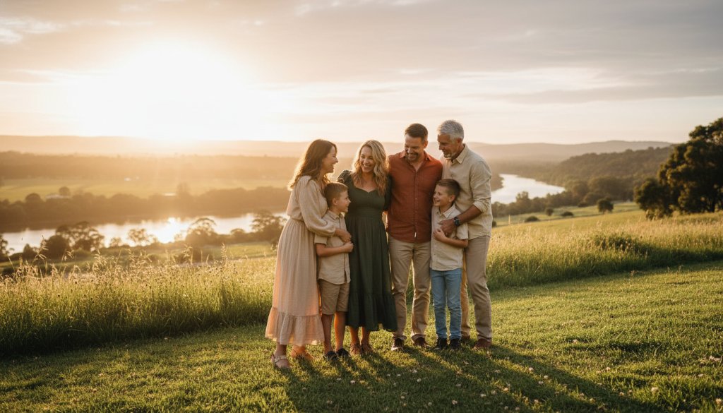 A family joyfully embracing on a sun-drenched hill overlooking the Barwon River in Belmont, Victoria, capturing authentic moments during a professional Belmont Victoria family photography session, with dramatic golden hour light and lush greenery.