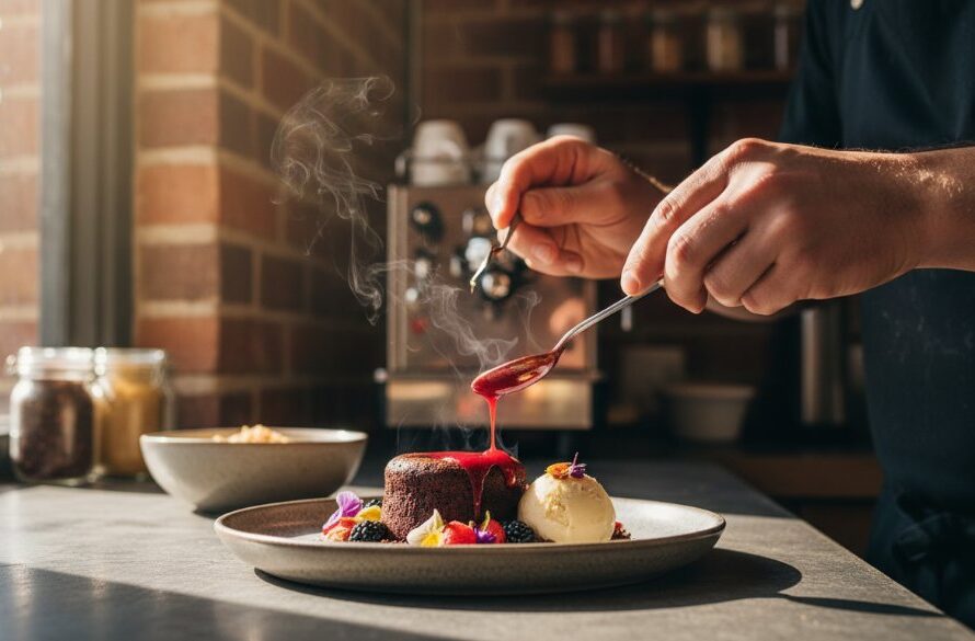An exquisite close-up shot of a steaming latte art being crafted at a charming Belmont Victoria cafe, showcasing expert Belmont Victoria Food Photography for Local Cafes with dramatic backlighting and a blurred, bustling cafe background.