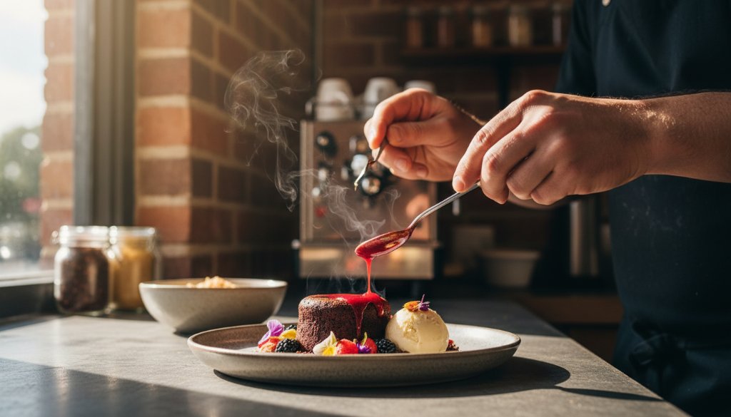 An exquisite close-up shot of a steaming latte art being crafted at a charming Belmont Victoria cafe, showcasing expert Belmont Victoria Food Photography for Local Cafes with dramatic backlighting and a blurred, bustling cafe background.