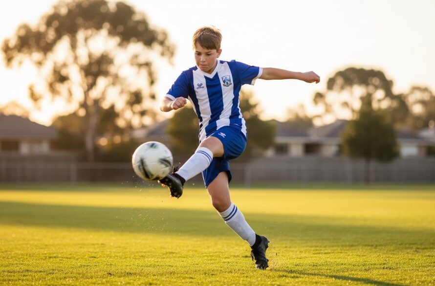 Dynamic close-up of a young soccer player in Belmont, Victoria, mid-kick, ball blurred, focused intensity on their face, celebrating an epic moment in Belmont Victoria junior sports action photography, dramatic low-angle, golden hour lighting.