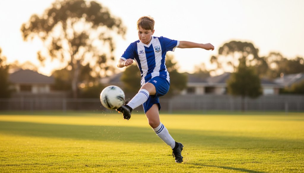 Dynamic close-up of a young soccer player in Belmont, Victoria, mid-kick, ball blurred, focused intensity on their face, celebrating an epic moment in Belmont Victoria junior sports action photography, dramatic low-angle, golden hour lighting.